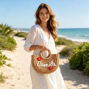 Sac à bandoulière tendance transfrontalière en fibre végétale, brodé main personnalisé avec nom, forme circulaire, sac fourre-tout DIY avec lettres - Product Image 5