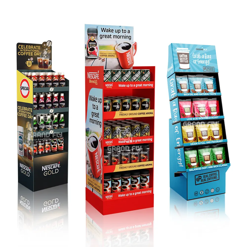 Aangepast Verkooppunt Kartonnen Display Lade Gegolfde Shipper Supermarkt Papier Pop Pos Voedsel Display Rek Stand