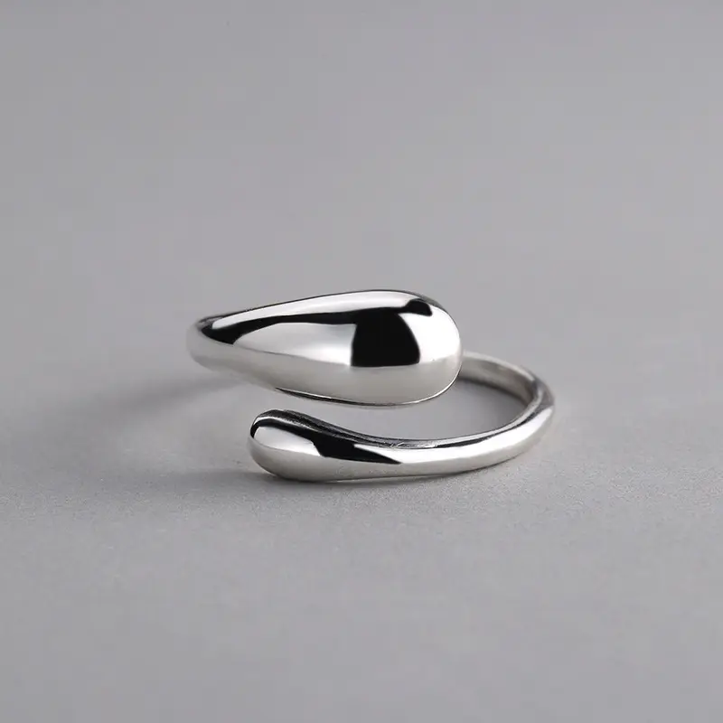 925 Sterling Silver Retro Chunky Glossy Tear Drop Adjustable Finger Rings for Women Christmas Gifts