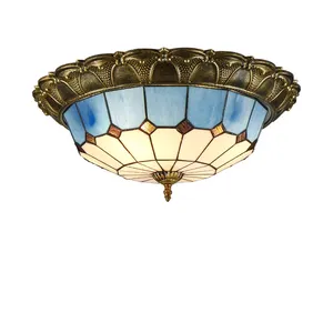 Lampu atap gaya Mediterania Tiffany, lampu kaca berwarna buatan tangan dengan Alas Retro untuk kamar tidur, ruang makan