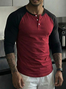<strong>Men</strong> Raglan Long-Sleeve <strong>Henley</strong> <strong>T</strong>-<strong>Shirt</strong> Crew Neck Button Placket Casual Loose Fit Baseball Tee Custom Logo 100% Cotton 220g Blank - Product Image 4