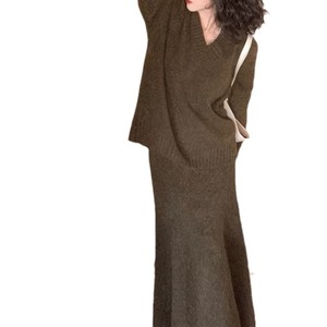 Ensemble 2 pièces en acrylique tissé pour <span class=keywords><strong>femme</strong></span> : <span class=keywords><strong>pull</strong></span> col en V à manches longues et jupe longue évasée taille haute, respirant, décontracté et ample - Product Image 1