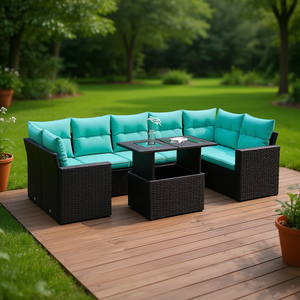Black Poly <b>Rattan</b> Patio <b>Sofa</b> Set With Cushions Outdoor Garden Furniture Contemporary Design Waterproof - Product Image 2