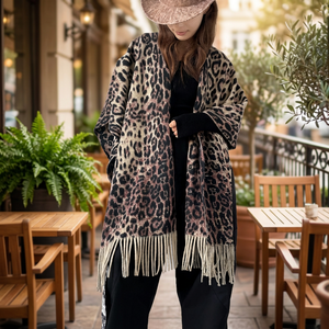 Poncho imprimé léopard en gros, cape épaisse surdimensionnée, manteau à ourlet fendu, style européen et américain, châle enveloppant automne-hiver pour femme - Product Image 1