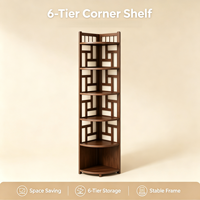 Étagère d'angle en bambou naturel à six niveaux, style chinois moderne, gain de place, présentoir mural pour salon