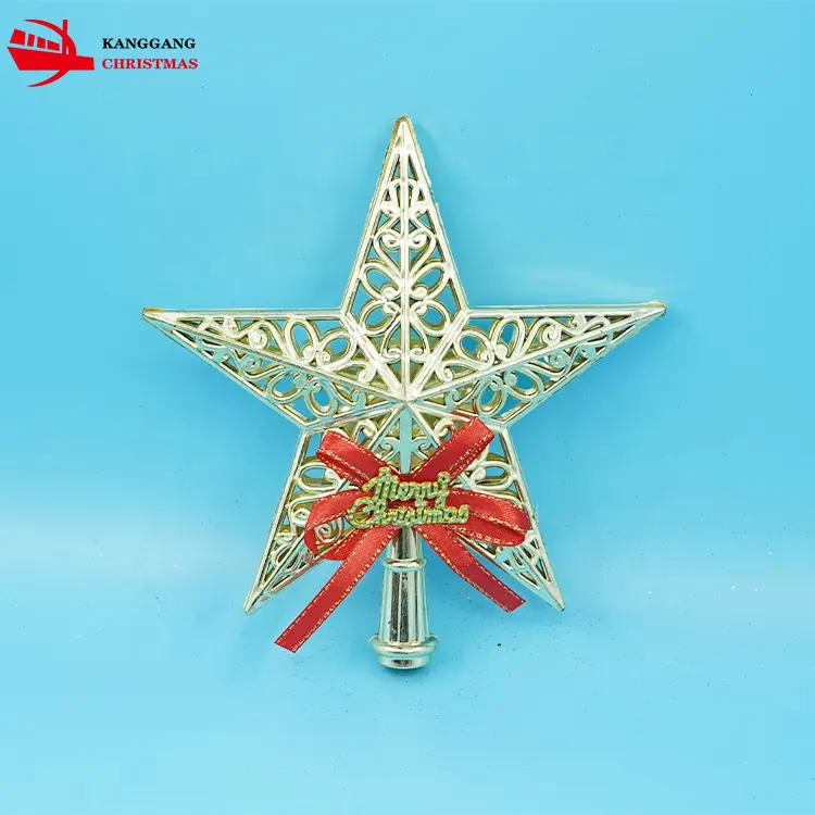 KG Christmas Ornaments Noel Navidad Luxury 7 Inch Gold Plastic Christmas Star Christmas Tree Topper With Bow And Cartoon Santa