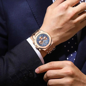 <span class=keywords><strong>Reloj</strong></span> de Cuarzo Cronógrafo POEDAGAR 926 para Hombre, 42 mm, Esfera Azul Cuadriculada, Correa de Acero Inoxidable en Oro Rosa, Resistente al Agua 30 m, Fecha, Deportivo - Product Image 2