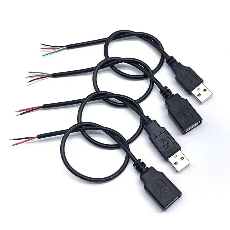 Factory customize USB 2.0 male female to 2 Wires Open End Cable pig tail charging cable Black 0.3m 1m 2m 22awg 2464 cable