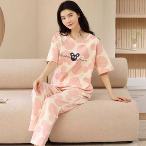 Pijamas Femininos Fofos de Primavera e Outono 2025, Conjunto de Camiseta de Manga Curta e Calças Longas em Fibra de Bambu, Estilo Cartoon, Roupas de Lazer - Product Image 6