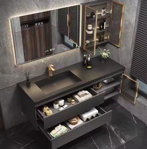 Meuble-lavabo de salle de bain en bois avec plan de travail en marbre moderne, luxueux - Product Image 4