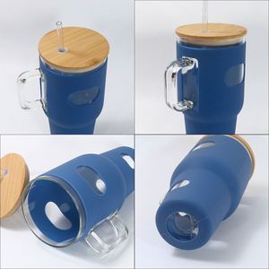 New Arrival 32oz <b>Glass</b> <b>Tumbler</b> Silicone Sleeve Bamboo Lid Handle Reusable Car Mug Dishwasher Microwave Safe Custom Logo - Product Image 3