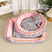 LY Lit pour animaux de compagnie à imprimé léopard de style princesse pour petits chiens et chats Lit pour chien lavable 4 saisons avec garniture en dentelle Coussin amovible