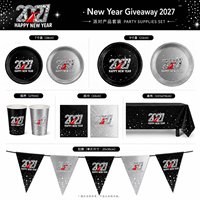 Fournitures pour fête du Nouvel An 2027, ensemble de vaisselle jetable noir et argent, assiettes, gobelets, serviettes, décorations pour la fête du réveillon du Nouvel An
