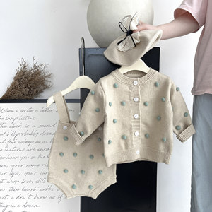 Winter <strong>Newborn</strong> Baby <strong>Knit</strong> Clothes Toddler Girls Long Sleeves <strong>Cardigan</strong> and Sling Romper Cute Baby Sweater - Product Image 3