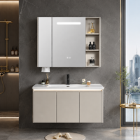 Kabinet Cermin Vanity Dinding dengan Lampu LED, Wastafel Terintegrasi Putih, dan Panel Depan Tiga Panel Tanpa Gagang