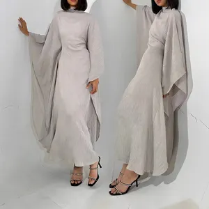 ग्रे प्लीटेड काफ्तान अबाया ड्रेस कस्टम मामूली बैटविंग आस्तीन मुस्लिम पोशाक इस्लामी कपड़े