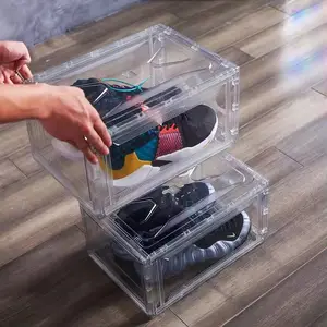 Wholesale Transparent Plastic Sneaker Stackable Shoe Storage Boxes Drop Front Acrylic Drawer Type Magnetic Clear Shoe Box