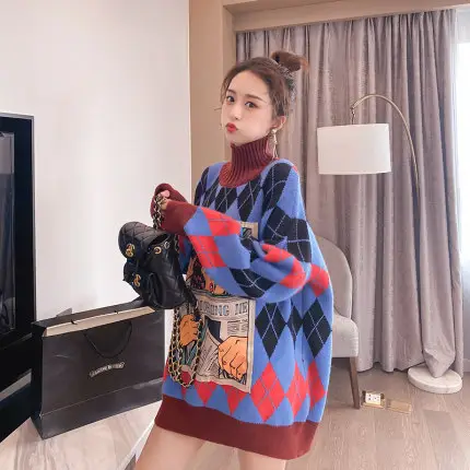 Fashionable woman casual korean version sweater with high neck and cartoon print long sleeve sweater
