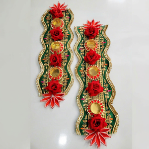 Handmade Designer Tealight Candle Holder Set Luxury Green & Red Floral Rangoli <b>Decor</b> Festive Diya Stand Wedding Centerpiece - Product Image 1