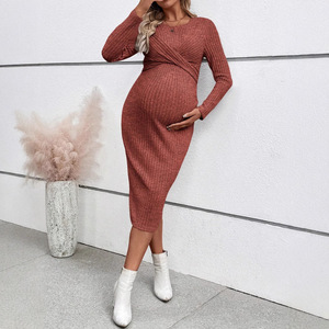 <strong>Maternity</strong> Dress Cross-Border European American Foreign Trade Long-Sleeved Elegant Twist Design Hip-Hugging Slim-Fit One-Piece - Product Image 2