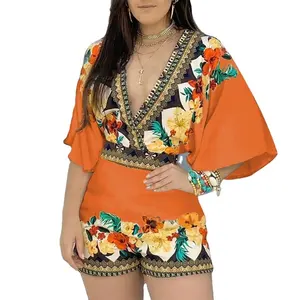 2 Peça Outfits para Mulheres Verão Two Piece Crop Top Shorts Set Romper Jumpsuit Mini Vintage Vestidos Casuais Boho Floral Print Bow