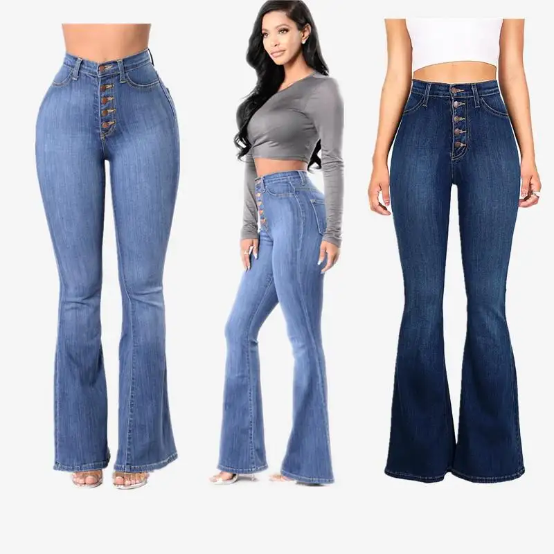 High Quality Fashion Casual Slim Fit Jeans Women Stretch High Waist Wide Leg Flare Jeans