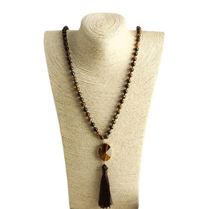 Collana Etnica da Donna alla Moda, Gioielli Boho con Perline, Pietre Naturali, Lunga Collana Annodata con Occhio di Tigre e Amazzonite, Nappa Lunga - Product Image 4