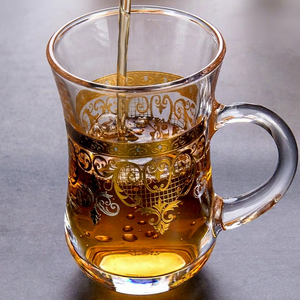 Tasse à thé turque en verre gaufré or, résistante à la chaleur, pour café, vaisselle transparente pour la maison ou comme cadeau - Product Image 1