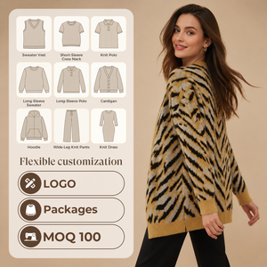 <span class=keywords><strong>Cardigan</strong></span> Lungo da Donna in Maglia Jacquard con Motivo Tigre e Zebra, Scollo a V Profondo, Orlo a Costine, Caldo Cappotto Invernale Lavorato a Maglia - Product Image 3