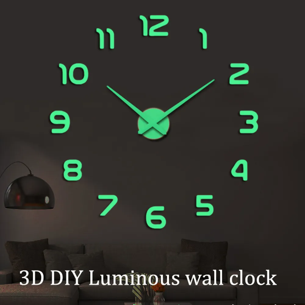 Luminous Wall Clocks Large 3D DIY Clock Acrylic Mirror Wall Stickers Living Room Quartz Needle Horloge Home Decor Reloj de Pared