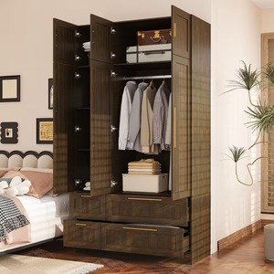 Armoire moderne en bois de noyer brun MDF de 47 pouces avec 4 tiroirs, 6 étagères, 1 <span class=keywords><strong>barre</strong></span> de suspension, porte miroir, placard de chambre à coucher - Product Image 2
