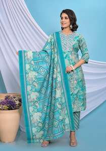ชุด kurta ผ้าฝ้ายพิมพ์ลายสีเทอร์ควอยส์ที่สง่างามและสะดวกสบายด้วยการปักที่ซับซ้อนและจับคู่กับ dupatta เพื่อให้ดูมีสไตล์ - Product Image 2
