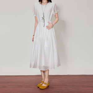 OEM/ODM blanco princesa Maxi vestido dulce Natural Vintage Casual encaje francés estampado cremallera cintura Cinching 100% algodón gasa - Product Image 1