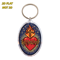 Porte-clés Cœur Sacré, design Flamme, Croix et Couronne d'épines, breloque ovale en acrylique pour clés ou sac, style art religieux tatoué