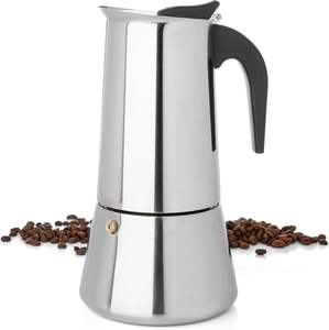 Cafetière Moka Classique Portable en Acier Inoxydable pour Plaque de Cuisson avec Couvercle et Poignée en Bois Doux au Toucher, Capacité 6 Tasses, Vente en Gros - Product Image 1