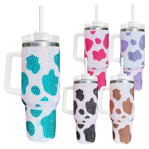 Custom LogoBulk Black Brown Purple Blue Rose Rhinestone Bling studded Mugs Tumblers Cow Print Tumbler with Handle and Straw - Product Image 1
