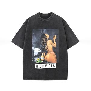 เสื้อยืดผ้าฝ้ายฟอก100% วินเทจย้อนยุคสำหรับผู้ชายผ้าฝ้ายถักสไตล์ฮิปฮอปแขนสั้นคอเต่าโอเวอร์ไซส์ - Product Image 2