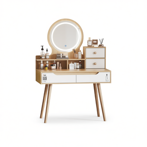 Tocador de Maquillaje con Espejo Iluminado Ajustable, 4 Cajones, 3 Estantes, Patas de Madera Maciza, Mesa de Tocador para Dormitorio - Product Image 1