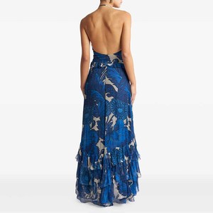 Người Phụ Nữ Ăn Mặc Tùy Chỉnh Sexy Hoa In Trọng Lượng Nhẹ Halter Xù tầng Ruffle Boho Đu Voan Maxi Dress - Product Image 3