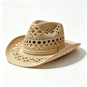 Wholesale Hollow Cowboy Straw <b>Floppy</b> <b>Hat</b> Unisex Wide Brim Breathable Open Weave Beach Sun Custom Logo Summer Travel - Product Image 4