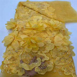 Tissu de dentelle nuptiale 3D de luxe, tulle français fait main avec broderie lourde perlée et sequins, robes pour femmes écologiques - MOQ 5 yards - Product Image 1