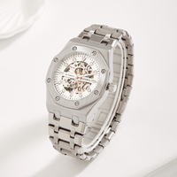 Reloj de Pulsera Automático de Lujo Estilo de Negocios con Caja Redonda de 22 mm Ventana de Esfera de Acero Inoxidable Correa de Cuero y Caja de Aleación