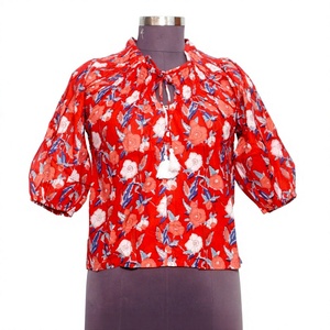 Women's <b>Red</b> Floral Print Chiffon <b>Blouse</b> With Tassel Detail Balloon Sleeve Loose Fit Casual Top Spring Summer Wear - Product Image 1