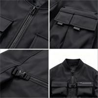 Blouson Bomber Noir de Luxe Cyberpunk Multi-Poches Fonctionnel 360 GSM Épais Style Urbain Tactique