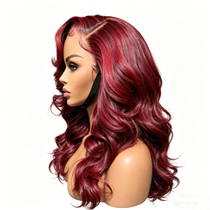 Perruques de Cheveux Humains Vierges de Haute Qualité, Rouge Vin, Ondulées, avec Frontale en Dentelle Transparente Pré-Pluckée, Vente Directe Usine - Product Image 3