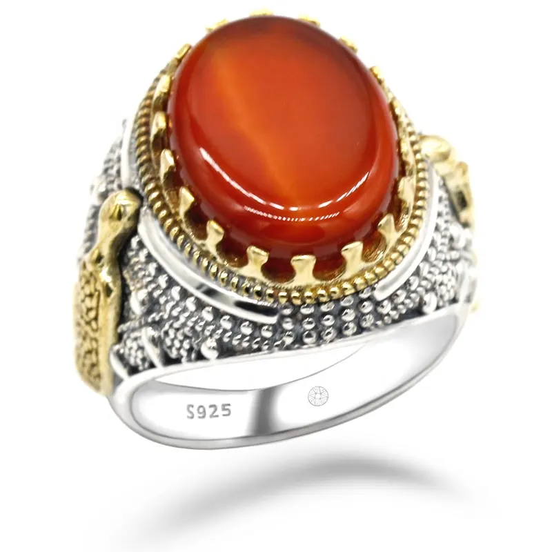 Antique 925 Sterling Silver Ring with Natural Agate Stone for Men Turkish Handmade Jewelry