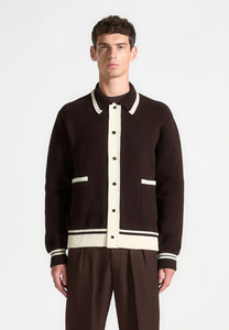 <span class=keywords><strong>Cardigan</strong></span> boutonné pour homme en <span class=keywords><strong>marron</strong></span> <span class=keywords><strong>foncé</strong></span> avec bordure contrastante - Tricot décontracté à col - Fabrication OEM personnalisée - Product Image 1