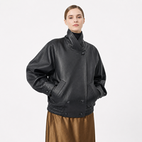 Veste Courte Décontractée pour Femme en Peau d'Agneau Plongée Non Enduite Noire, Coupe Oversize, Coupe-Vent Hiver, Col Large, Style Rétro, Col Cranté