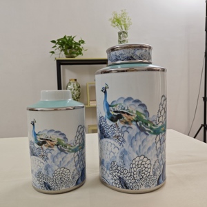 Jarrón de Porcelana y Templo de Diseño Moderno de Lujo Europeo Art Deco con Diseño de Pavo Real para Decoración del Hogar y la Cocina, Blanco y Verde Claro - Product Image 1