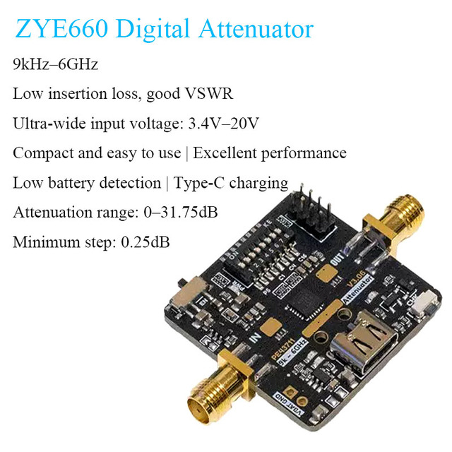 ZYE660 9kHz-6GHz Digital Step Attenuator (PE43711) Wide Voltage 3.4-20V Mini Module with 7-Bit Resolution